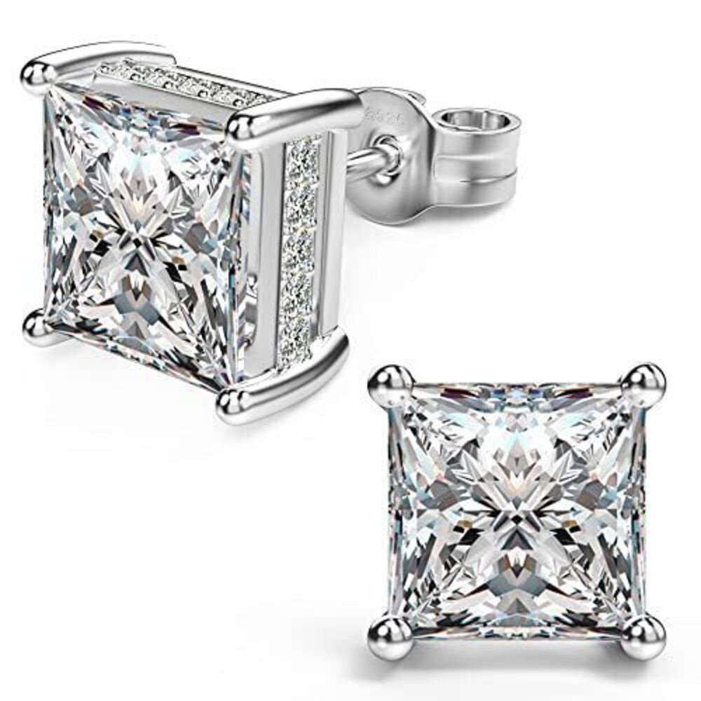 8315 18K White Gold Plated Sterling Silver Princess Cut Cubic Zirconia Stud